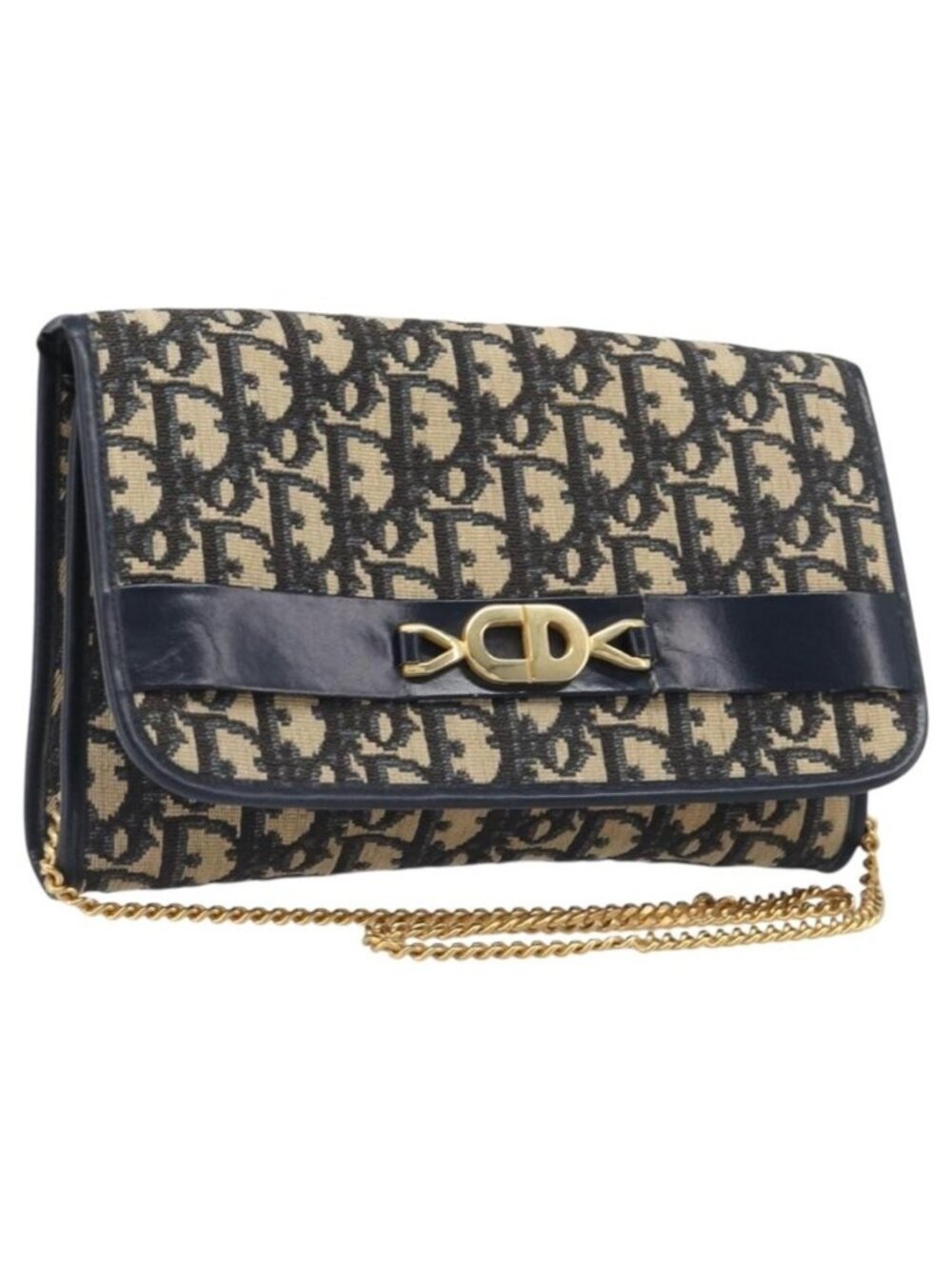 Authentic Christian Dior Trotter Canvas Chain Shoulder Bag Navy Gold